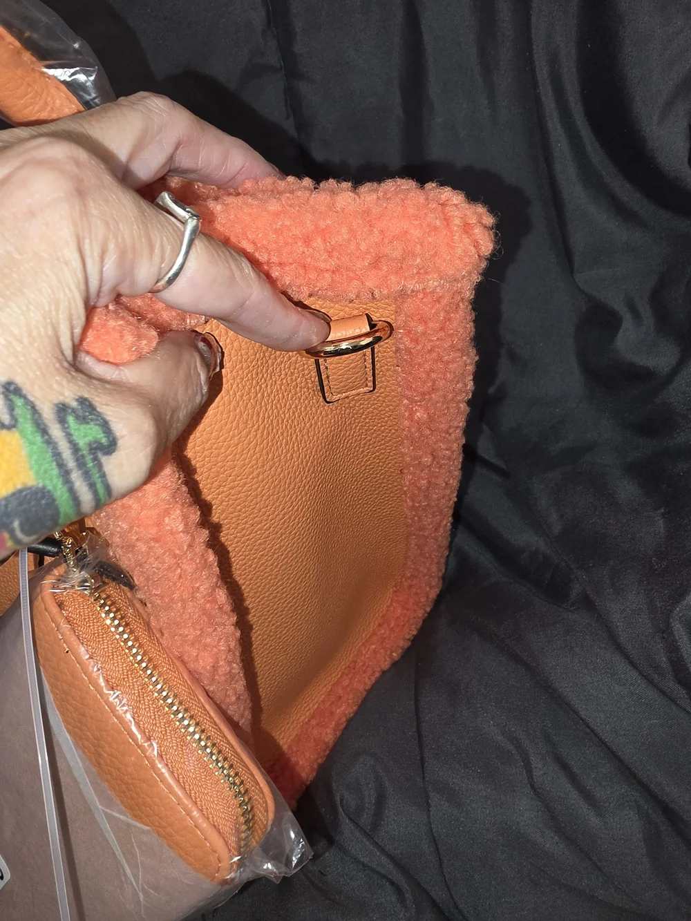 Orange Shearling Trim "The Tote Bag" with Detachable Wallet - Picture 9 of 11